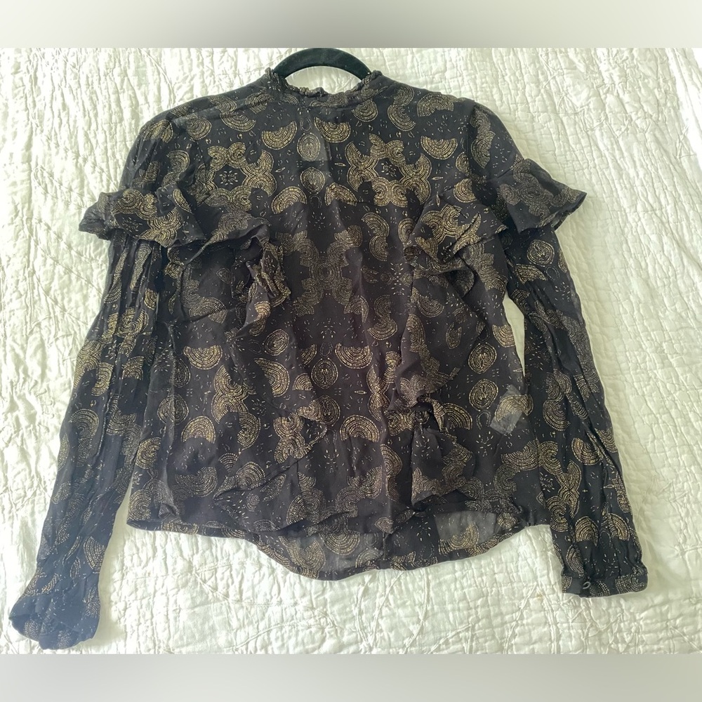 Lucky Brand long sleeve top, see through, ruffle details.